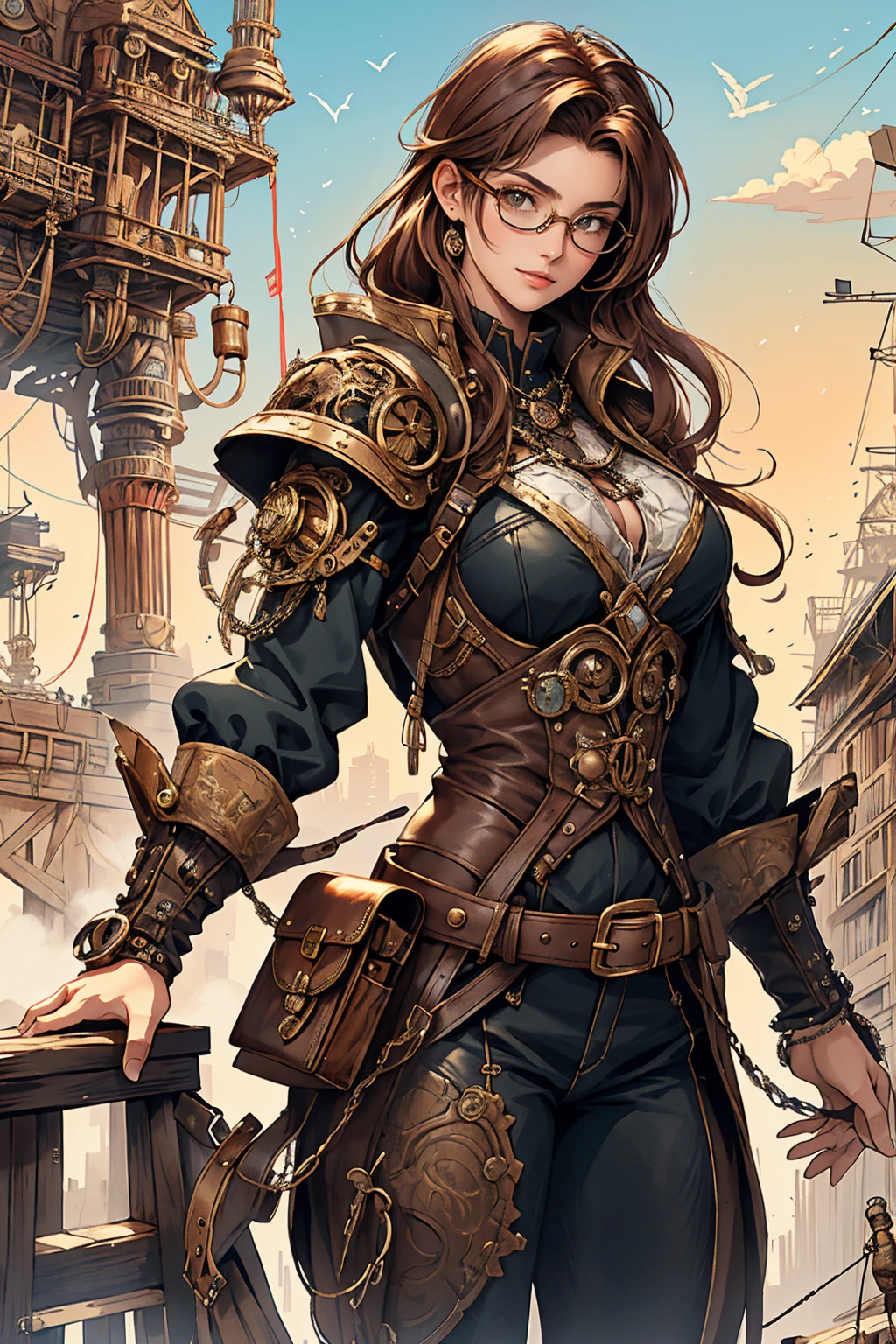 (Highest quality, 8k, high resolution, masterpiece: 1.2), An exquisite linocut illustration of a steampunk adventurer, capturing her anime-inspired character with a striking presence. She dons goggles perched on her head, and her attire is adorned with intricate gears and cogs. Her auburn hair cascades in loose waves, framing her determined face. She carries a mechanical backpack, ready for her next daring escapade. The background showcases a breathtaking steampunk cityscape, where airships soar amidst towering clockwork structures. The vibrant colors and conceptual art elements evoke the essence of adventure and innovation.