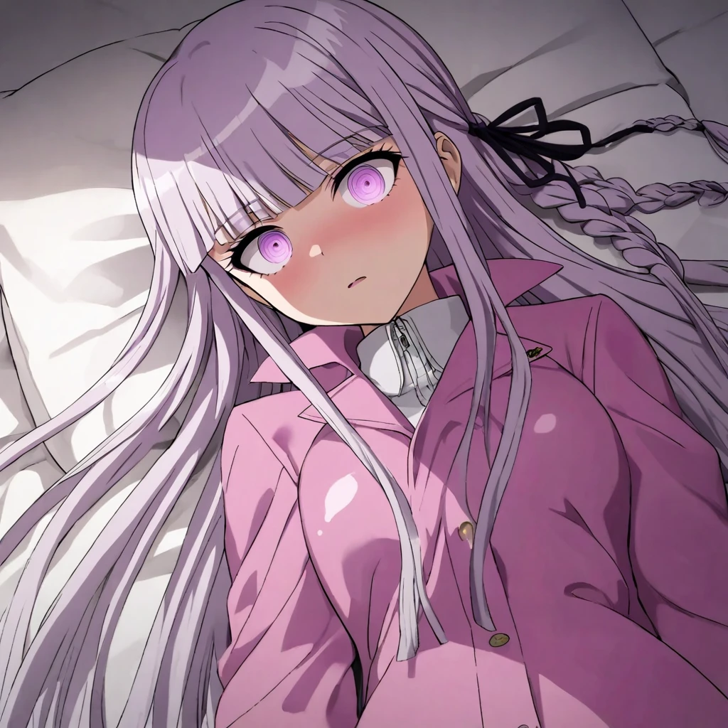 a beautiful girl with long light purple hair wearing a shiny pink raincoat, laying on a bed with white sheets and pillows, looking up at the viewer with an embarrassed and shy expression, her clothes are dripping and splattered with mud, detailed eyes, black pleated skirt, perfect anatomy, kyouko kirigiri, long hair with bangs, ribbon, purple eyes, single braid