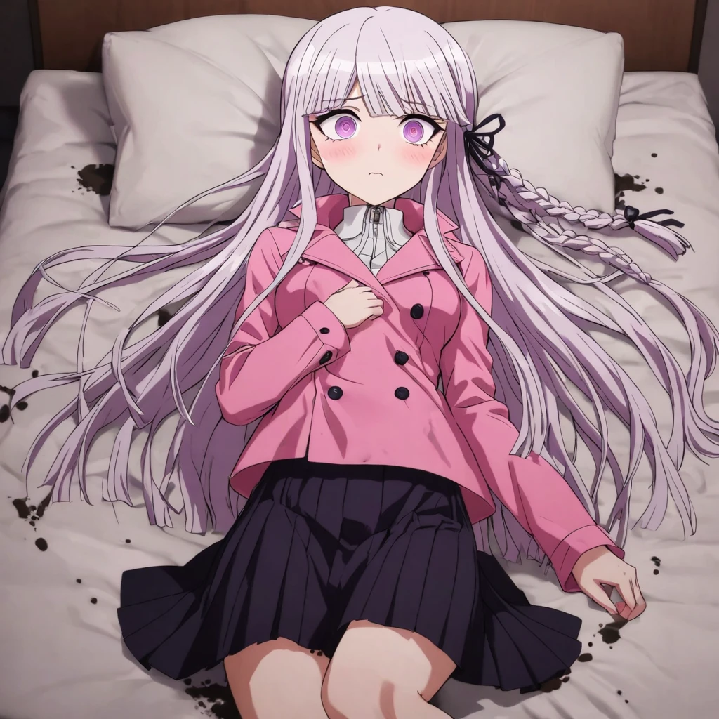 a beautiful girl with long light purple hair wearing a shiny pink raincoat, laying on a bed with white sheets and pillows, looking up at the viewer with an embarrassed and shy expression, her clothes are dripping and splattered with mud, detailed eyes, black pleated skirt, perfect anatomy, kyouko kirigiri, long hair with bangs, ribbon, purple eyes, single braid