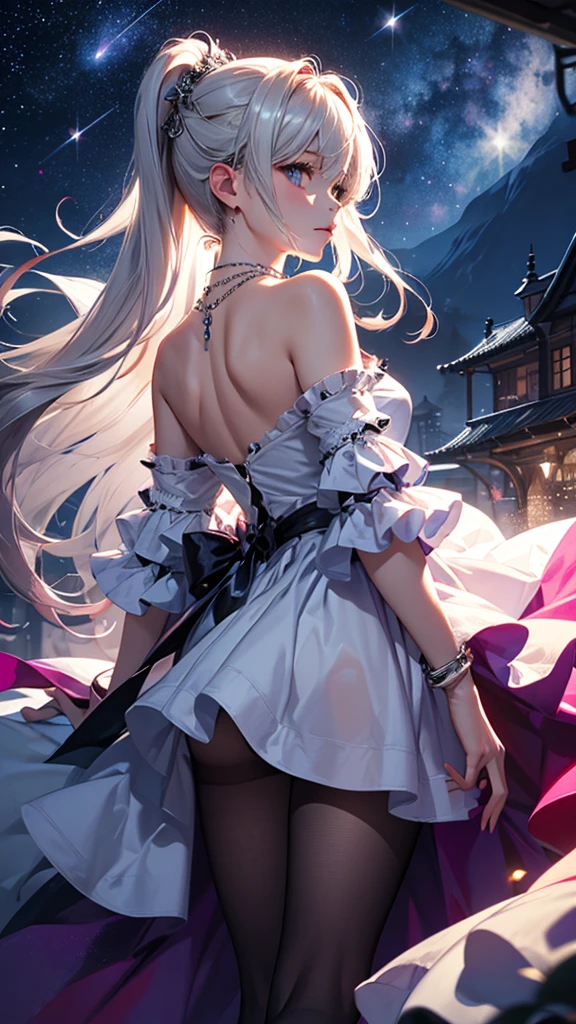 (masterpiece:1.5, Highest quality, Very detailed、 Dutch Angle、Semi-Realistic、Fantasy)(One girl, alone)(White and beautiful hair:1.4,,Straight Long Hair)(White based dress)、((Off the shoulder、Medium Chest、ruby necklace))(from backside,Legs wrapped in tights)(Beautiful starry sky、Mystical Night、Particles of light float around the woman、Fantasyな空間)