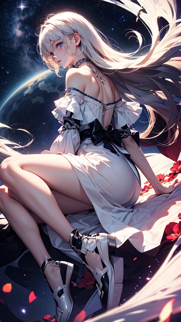(masterpiece:1.5, Highest quality, Very detailed、 Dutch Angle、Semi-Realistic、Fantasy)(One girl, alone)(White and beautiful hair:1.4,,Straight Long Hair)(White based dress)、((Off the shoulder、Medium Chest、ruby ​​necklace))(from backside,Legs wrapped in tights)(Beautiful starry sky、Mystical Night、Particles of light float around the woman、Fantasyな空間)
