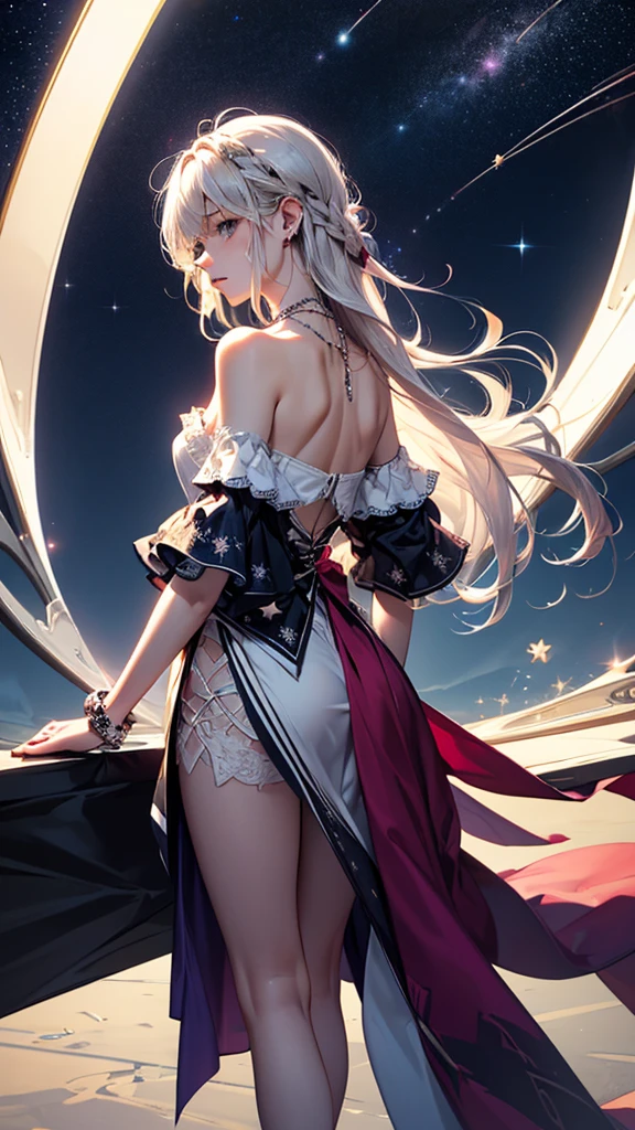 (masterpiece:1.5, Highest quality, Very detailed、 Dutch Angle、Semi-Realistic、Fantasy)(One girl, alone)(White and beautiful hair:1.4,,Straight Long Hair)(White based dress)、((Off the shoulder、Medium Chest、ruby necklace))(from backside,Legs wrapped in tights)(Beautiful starry sky、Mystical Night、Particles of light float around the woman、Fantasyな空間)