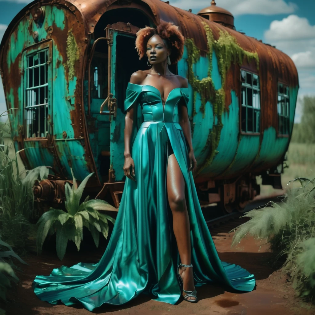 pms style, patina metal skin android Black woman Wearing a sculptural off-the-shoulder dress in a rich jewel tone, with a statement-making train Fairy tale setting, enchanted landscape, magical beings, dreamy atmosphere, otherworldly charm  