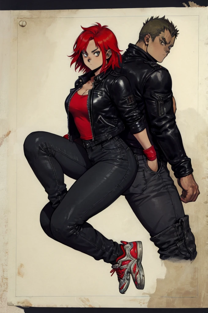 Dorohedoro Style, sexy young girl with short red hair, black jeans, black leather jacket with studs