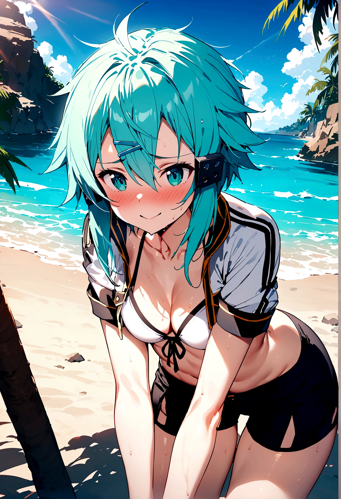 NSFW,masterpiece,Highest quality,High resolution,Super detailed,Sinon\(Sword Art Online\),High-quality white sexy bikini,Cropped jacket,Short sleeve,Black shorts, hair ornaments, Hair Clip,Embarrassed,expectant face,smile,blush,Fantasy,beach,Palm tree,Rock Shade