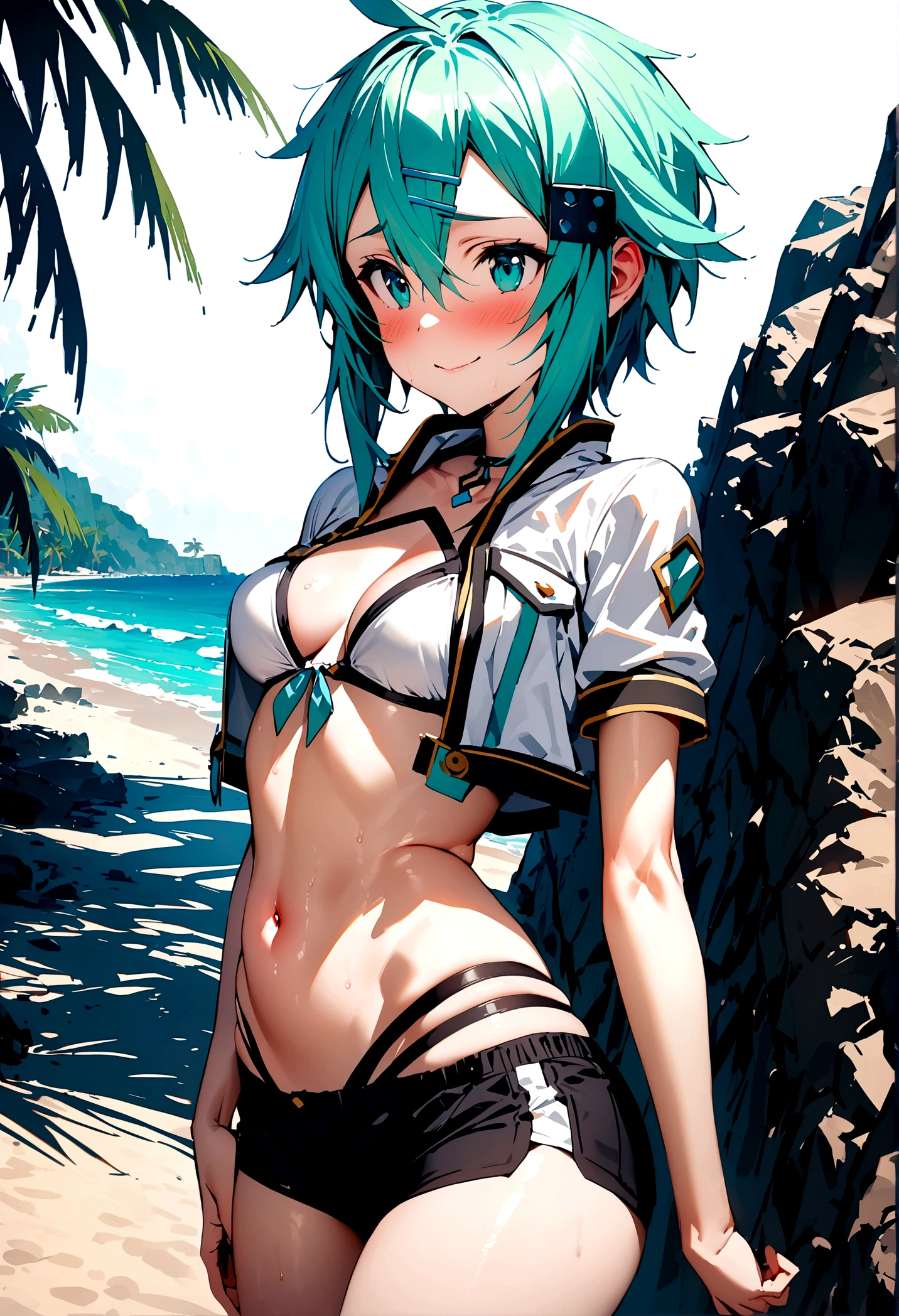 NSFW,masterpiece,Highest quality,High resolution,Super detailed,Sinon\(Sword Art Online\),High-quality white sexy bikini,Cropped jacket,Short sleeve,Black shorts, hair ornaments, Hair Clip,Embarrassed,expectant face,smile,blush,Fantasy,beach,Palm tree,Rock Shade