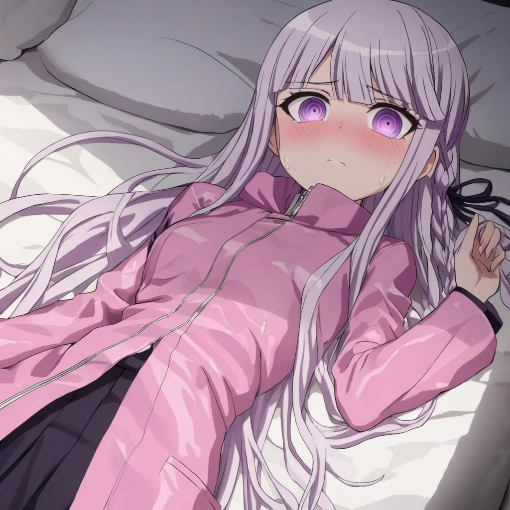 a beautiful girl with long light purple hair wearing a shiny pink raincoat, laying on a bed with white sheets and pillows, looking up at the viewer with an embarrassed and shy expression, her clothes are dripping and splattered with mud, detailed eyes, black pleated skirt, perfect anatomy, kyouko kirigiri, long hair with bangs, ribbon, purple eyes, single braid