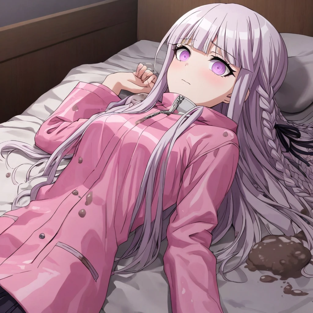 a beautiful girl with long light purple hair wearing a shiny pink raincoat, laying on a bed with white sheets and pillows, looking up at the viewer with an embarrassed and shy expression, her clothes are dripping and splattered with mud, detailed eyes, black pleated skirt, perfect anatomy, kyouko kirigiri, long hair with bangs, ribbon, purple eyes, single braid