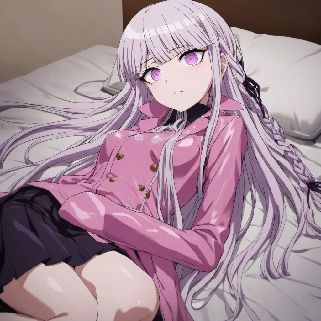 a beautiful girl with long light purple hair wearing a shiny pink raincoat, laying on a bed with white sheets and pillows, looking up at the viewer with an embarrassed and shy expression, her clothes are dripping and splattered with mud, detailed eyes, black pleated skirt, perfect anatomy, kyouko kirigiri, long hair with bangs, ribbon, purple eyes, single braid