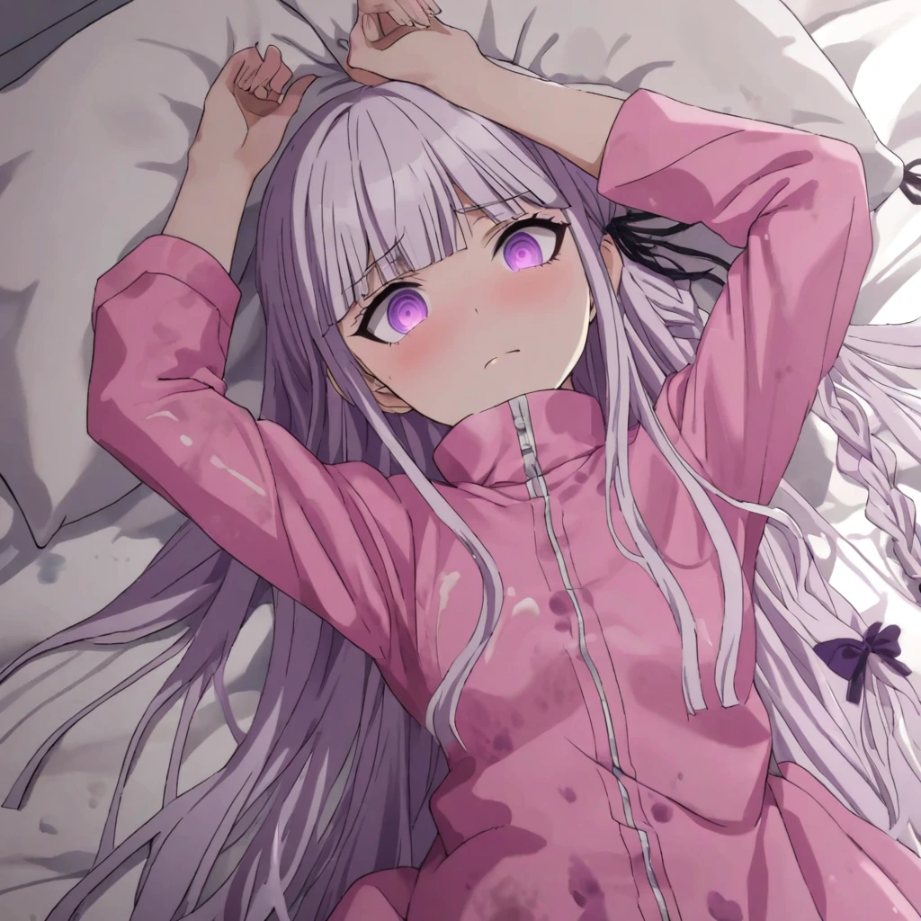 a beautiful girl with long light purple hair wearing a shiny pink raincoat, laying on a bed with white sheets and pillows, looking up at the viewer with an embarrassed and shy expression, her clothes are dripping and splattered with mud, detailed eyes, black pleated skirt, perfect anatomy, kyouko kirigiri, long hair with bangs, ribbon, purple eyes, single braid