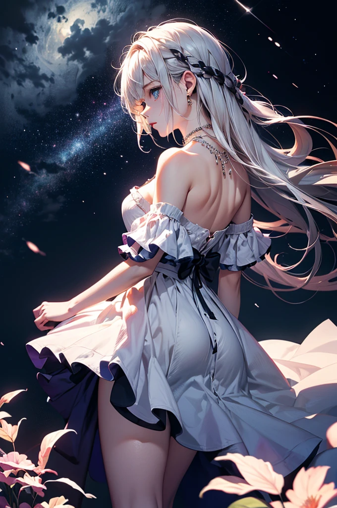 (masterpiece:1.5, Highest quality, Very detailed、 Dutch Angle、Semi-Realistic、Fantasy)(One girl, alone)(White and beautiful hair:1.4,,Straight Long Hair)(White based dress)、((Off the shoulder、Medium Chest、ruby necklace))(from backside,Legs wrapped in tights)(Beautiful starry sky、Mystical Night、Particles of light float around the woman、Fantasyな空間)