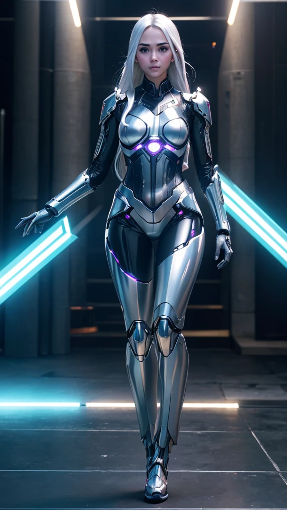 1girl, ultra realistic, ultra crisp, NVIDIA RTX, unreal engine, perfect slim body, realistic face, perfect face, realistic body, epic skin details, white hair, hair blown with strong winds, hyper rendering, ultra details, glowing eyes, purple eyes, blush, parted lips, cybernetic ear, cybernetic metalic hands, cybernetic metalic legs, luminous cybernetic futuristic metalic mechanical body, ultra realistic lights reflection details, ((full body shown)), from below, posing in the middle.