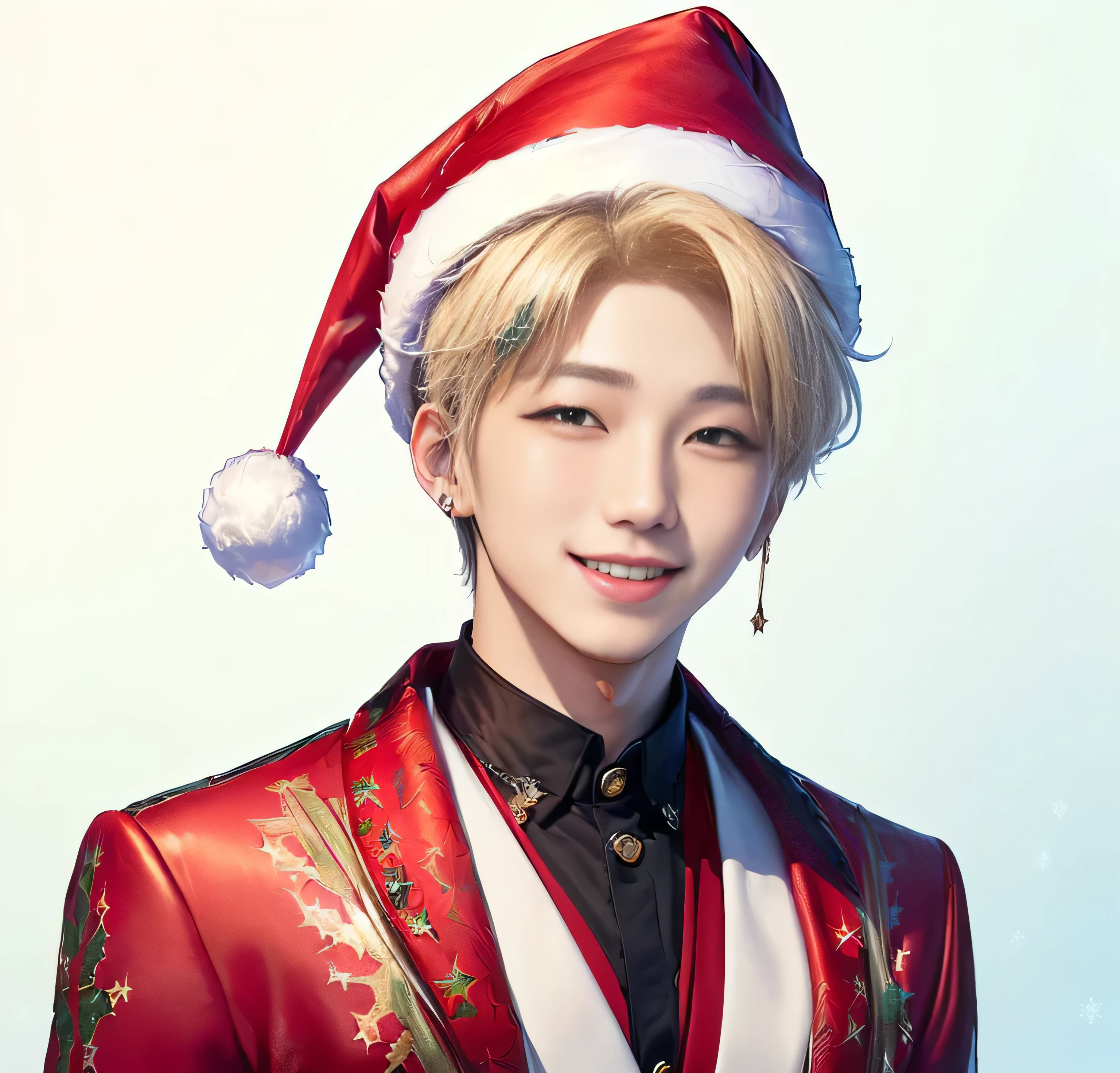 (((Face image of young single very handsome 22 year old man, the most beautiful man in the world!!, slenderbody!!, he is tall he is 1.78 meters high, anime styling!!)), ((hair is straight and short blonde)), ((white skin like a vampire)), ((light blue eyes)), (((astro de k-pop, inspired by singer Felix from the group Stray Kids, inspired by Kim Namjoon from BTS, inspired by JinJin from Kpop group Astro!!))),((he is smiling)), (((He is wearing red clothes and a Christmas hat, Christmas outfit, Christmas themed clothing)))