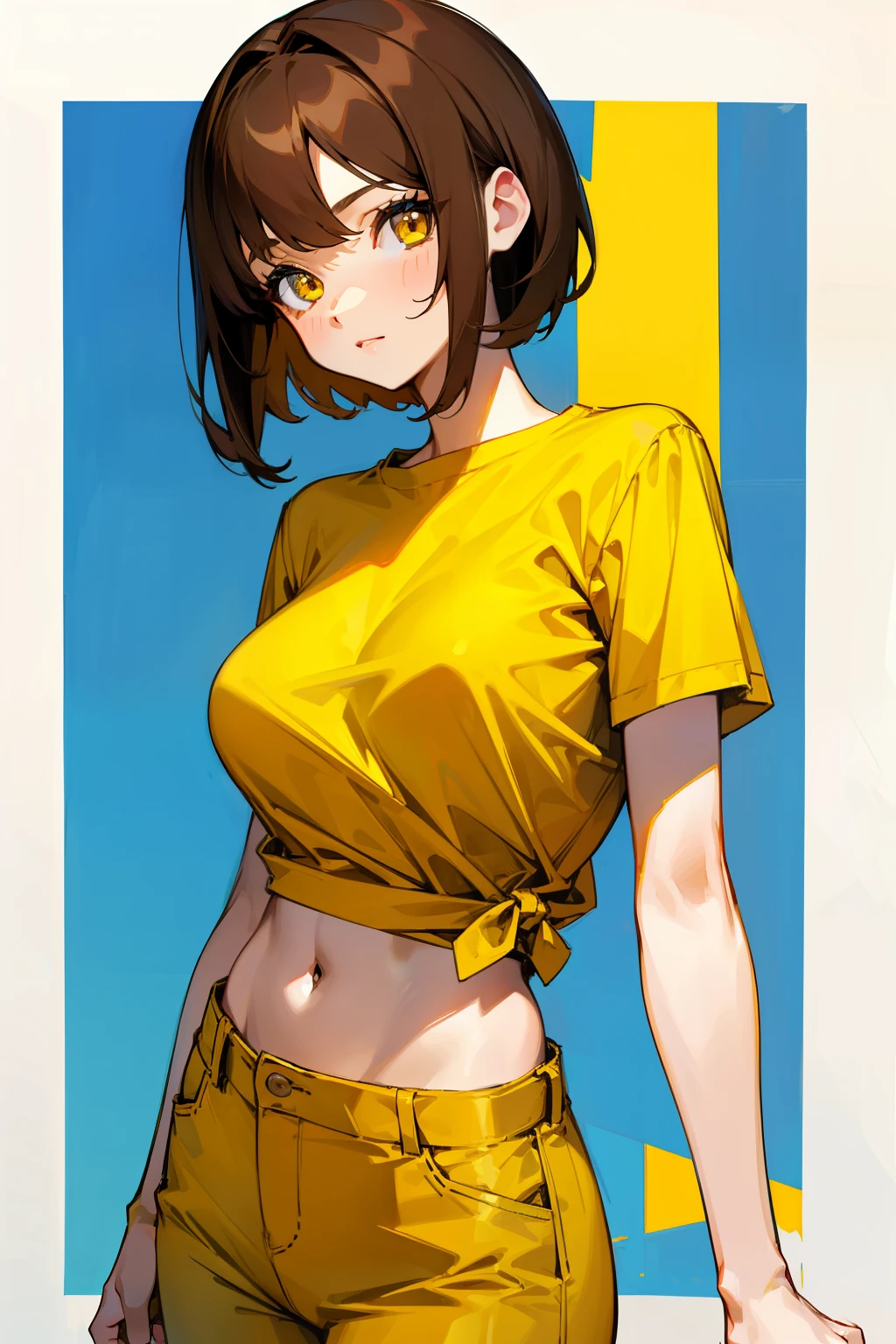 Cute girl, short brown hair, yellow eyes, yellow t-shirt, short blue pants, big breasts