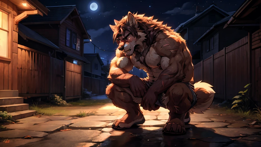 A hairy werewolf abandoned on the side of the road at night, muscular, athletic, sentimental, delicate features, bright colors, anime style, realistic, 8k, super detailed, representative, with scars and features. Bright eyes and teeth, tall and handsome, beautiful hair, special color. Tearful, unwilling, ragged, unhappy; Frustrated, crouched on the ground, weeping，sit on the ground, hold your legs. crying, Anime Style