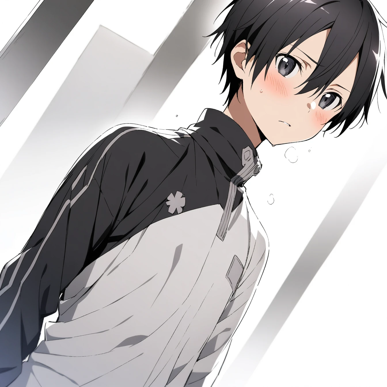 1 Boy, Kirito，Sword Art Online，，Solitary, Viewers, Pure white background，blush, Eye,breathe, avatar，Half Body，have no color，angle, masterpiece, best quality