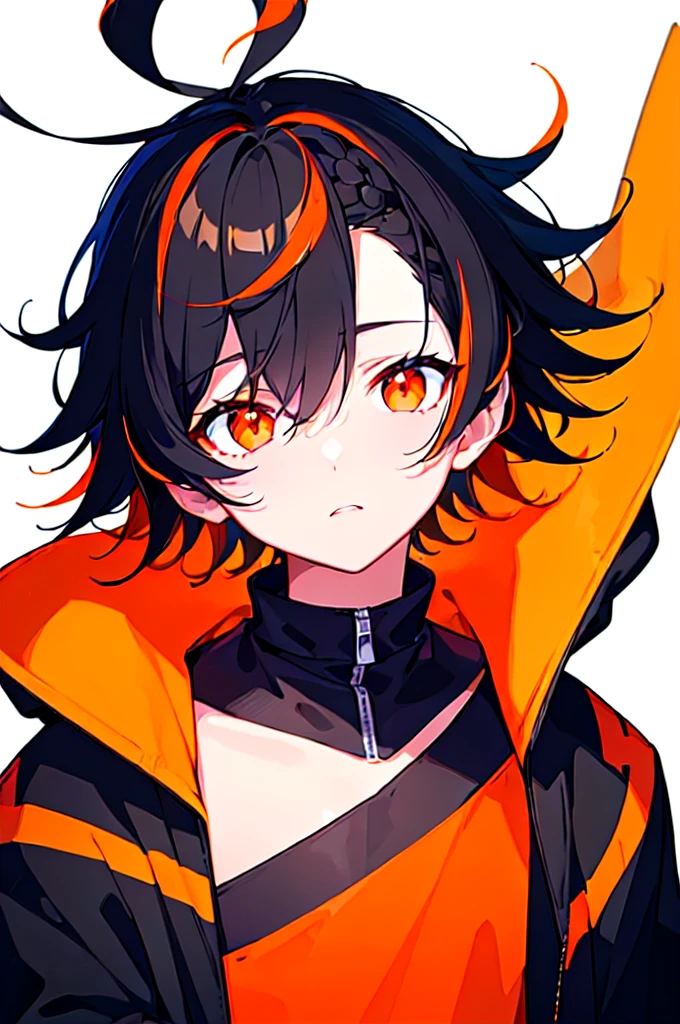 [(WHITE BACKGROUND:1.5),::5], ((((masterpiece)))), high quality, ultra very high resolution, full color, (((solo))), ((little boy)), black hair, ((orange streaked hair)), (orange eyes), anime, ((upper body)), neon light, black parka,
