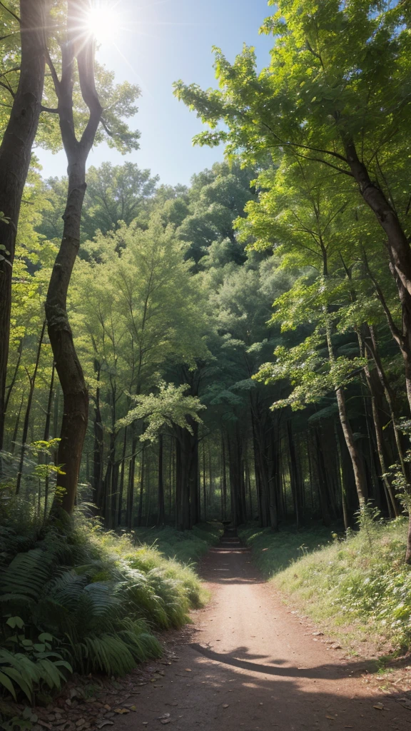 Forest scenario: A wide shot of a dense forest, with ancient trees whose gnarled branches reach toward the sky. The forest floor is covered in a thick layer of fallen leaves and ferns. The elongated shadows of the trees stretch across the ground, creating a play of light and darkness that adds a sense of mystery and depth to the setting.