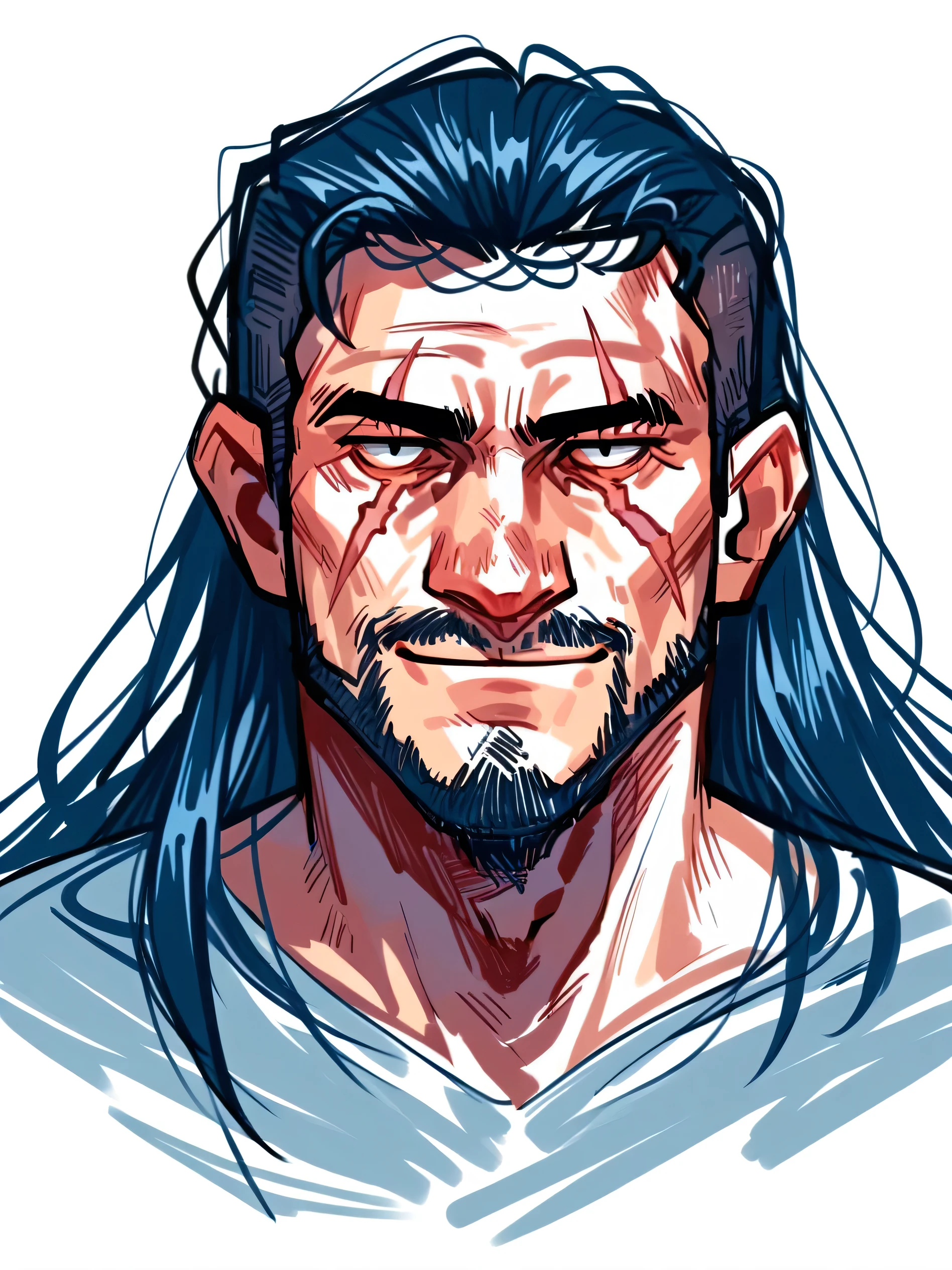 score_9, score_8_up, score_7_up, score_6_up, score_5_up, score_4_up, c0l0ursk3tch, sketch, 1boy, smiling, white skin, long hair, facial hair, big scar on letf eye, blank blind left eye