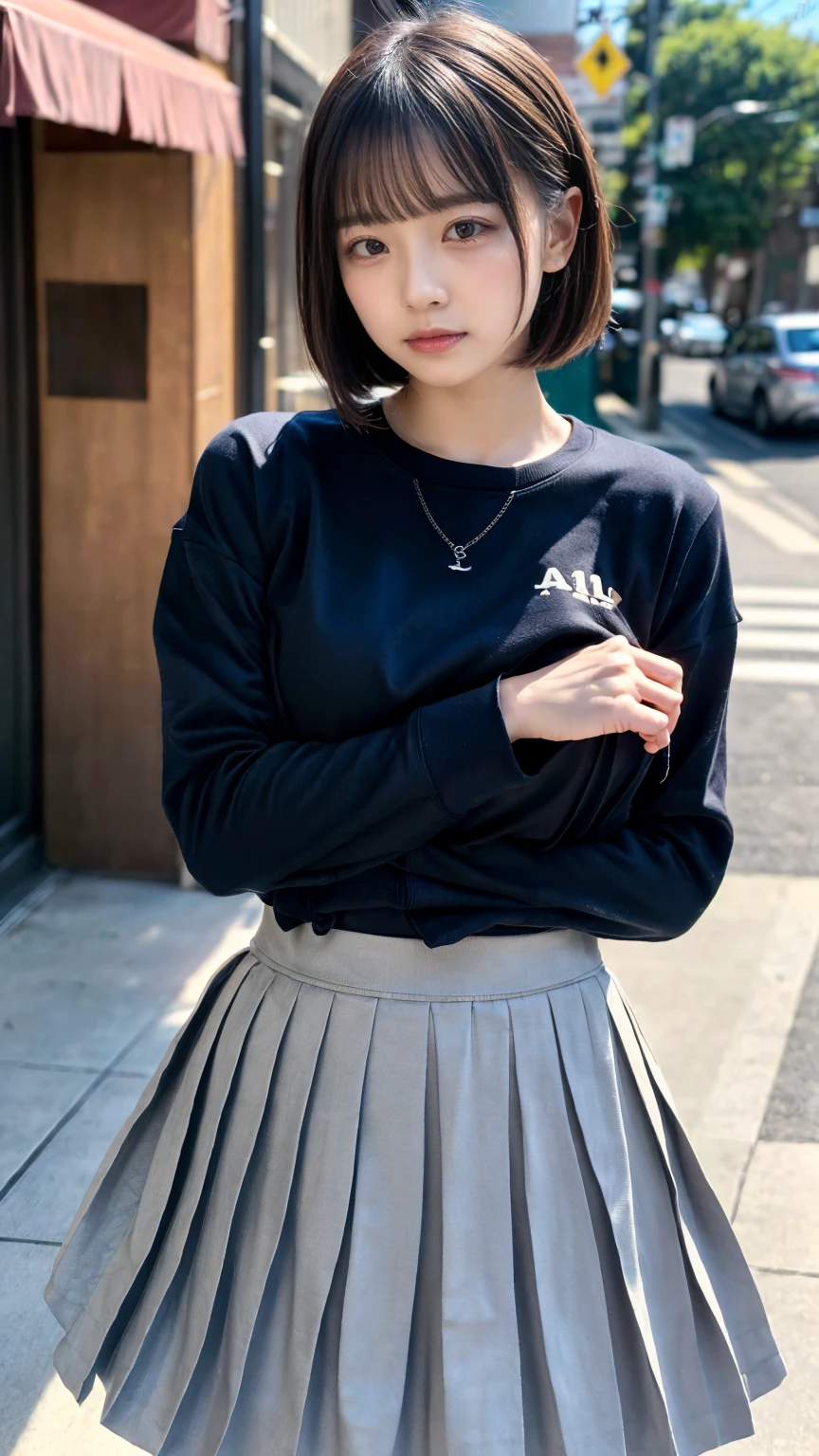 (8K, RAW Photos, Highest quality, masterpiece:1.3), (professional photography, full colors, studio-caliber color grading), (Gravure quality for high-end fashion magazines), close up, BREAK, 20 year old girl,(short bob hair:1.1), crying a little, Harajuku style, Big Natural Color Lip, (Plumpy body:1.2), (smooth skin:1.1), (huge breasts:1.2), (expresses the roundness and softness of the chest area..1.1 (Emphasize body line:1.1  BREAK (Highly detailed and elegant applique cotton jersey sweatshirt made of cotton jersey。, Pleated skirt, Features a relaxed and relaxed silhouette.)