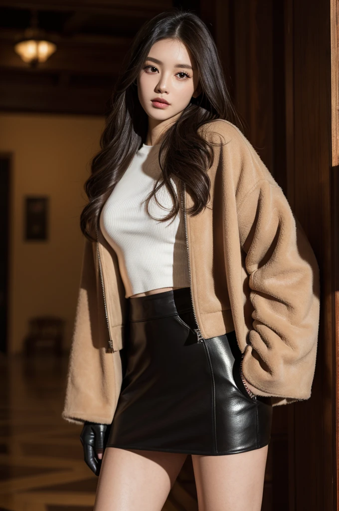 ((best quality)), ((masterpiece)), (detailed), perfect face, woman, long glove, fur jacket, leather skirt
