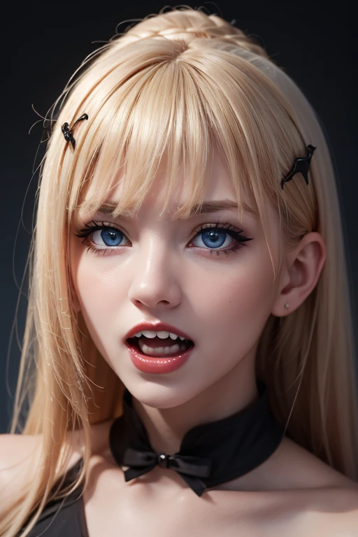 Masterpiece, Best Quality, gothic girl, clavicle, looking at the viewer stunning blue eyes, white skin eyeliner, perfect detailed 12k, hair with bangs , Beautiful face,Open mouth, to bite, teeth fangs vampire, lipstick negro, voluminous and sensual lips, big and heavy bust