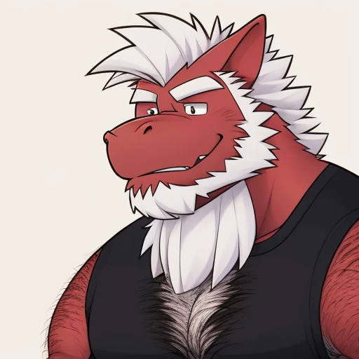 Old red dragon with a beard and white hair, wearing a hairy chest shirt.