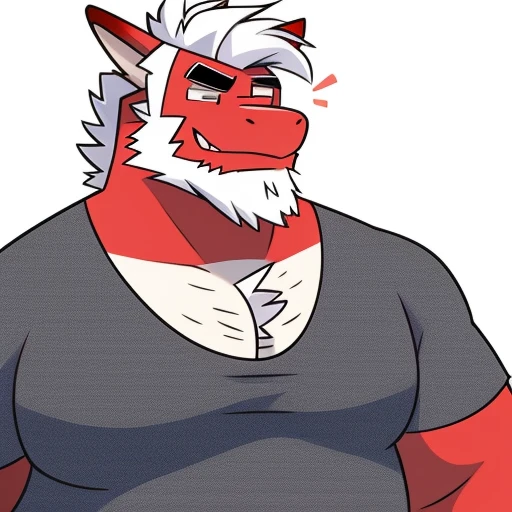 Old red dragon with a beard and white hair, wearing a hairy chest shirt.