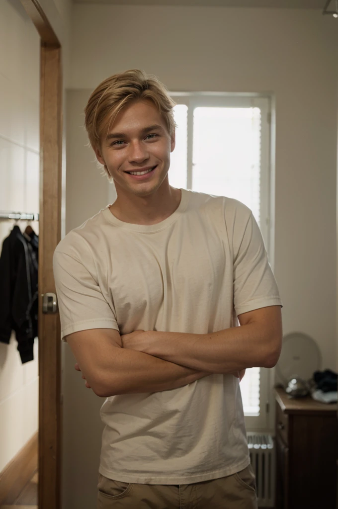 nigger blond man standing, smiling, soft light