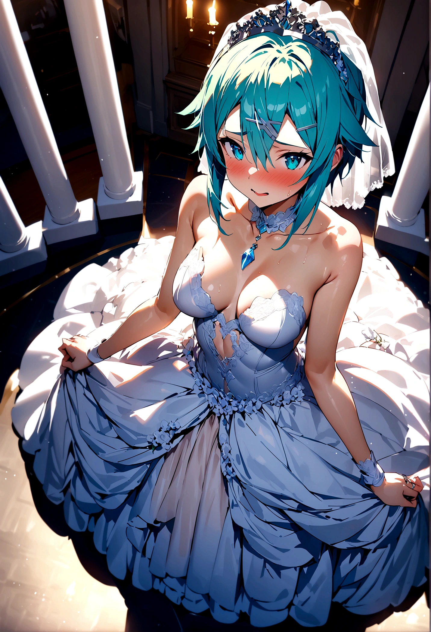 NSFW,masterpiece,Highest quality,High resolution,Super detailed,Sinon\(Sword Art Online\),(High quality sexy wedding dress),High-quality wedding lingerie,Wedding Veil,tiara,gem, hair ornaments, Hair Clip,wedding ring,Embarrassed,expectant face,(Lust),blush,Church at night in the moonlight,Luxurious Room,wedding,From above,Open your arms and stretch them out in front of you