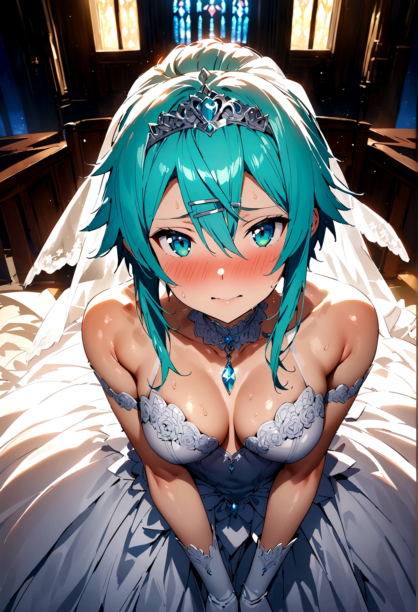 NSFW,masterpiece,Highest quality,High resolution,Super detailed,Sinon\(Sword Art Online\),(High quality sexy wedding dress),High-quality wedding lingerie,Wedding Veil,tiara,gem, hair ornaments, Hair Clip,wedding ring,Embarrassed,expectant face,(Lust),blush,Church at night in the moonlight,Luxurious Room,wedding,From above,Open your arms and stretch them out in front of you