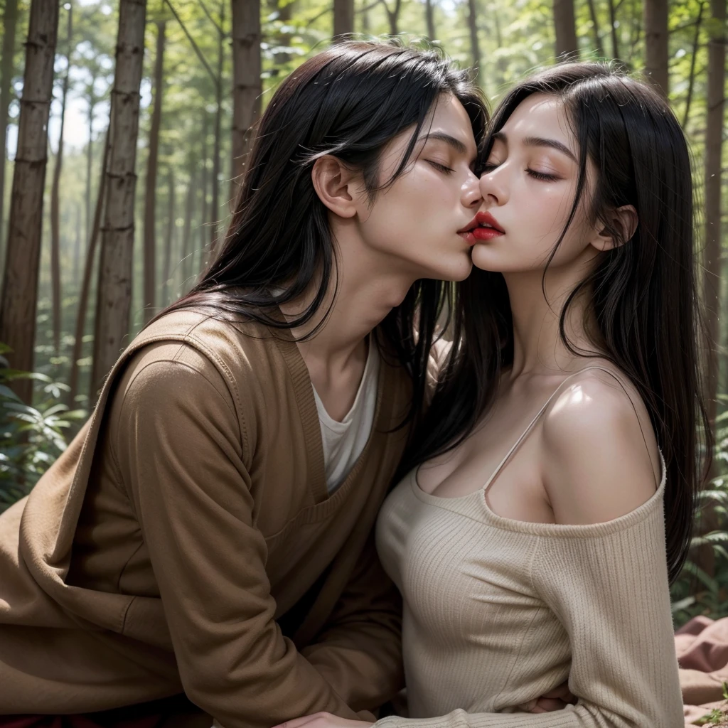 1 girl, long black hair , clear skin, big brown eyes, Slim appearance, Red lips, Closing the eyes, kissing man, Clothes, medieval, 2 Man , short black hair, broad chest , Clothes, medieval (embraced, Closed eyes, kisses, forest)