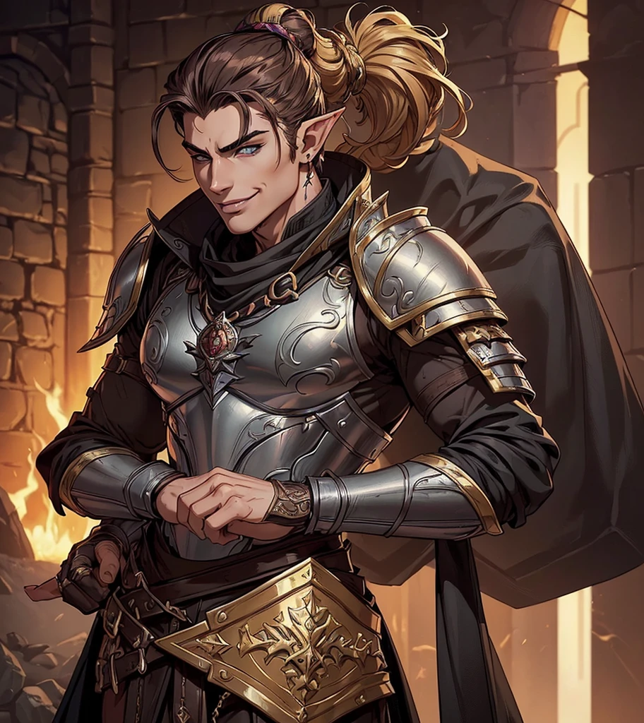 (((Single character image.))) (((1boy))) (((Luxurious hair and sexy smirk.))) (((18 years old.))) (((18yo.))) Art style inspired by the work of J Scott Campbell. Looks like a sexy male elf warrior for a medieval fantasy setting. Looks like a sexy and dangerous male elf for a medieval fantasy setting. Looks like a physically sexy male medieval elf for Dungeons & Dragons. (((wearing leather medieval fantasy armor))), A single character portrait, (((very sexy male physique))), (((stunningly gorgeous face))), (((menacing stare))), (((sexy hair in a topknot))), fantasy artwork, fantasy attire, fantasy adventurer, attractive, youthful, sexy, (((sexy smile))), (((dark features))), arched eyebrows, scowl, (((long, luxurious, exotic dark blonde hair))), mysterious, (((very sexy mouth and lips))), elf male in his early 20’s sexy body, pathfinder, Dungeons & Dragons character portrait, intricate details, ultra detailed, extremely detailed hands, ultra detailed clothes, ultra detailed hands, epic masterpiece, ultra detailed, hyperdetailed hands, digital art, unreal engine, 8k, ultra HD, centered image