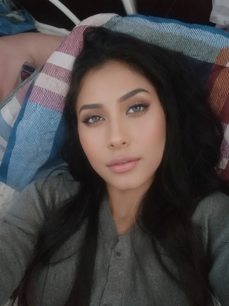 Create a high-quality 8k image of a beautiful Arabian woman as a goddess. Focus on a cinematic, professional style with ultra-high detail and realistic textures. Highlight her curvy body, including a big, heavy chest with deep cleavage and perky breasts. Showcase her smooth, white skin with a plump face, beautiful lips, and elegant makeup featuring deep eyeliner, light eyeshadow, and long mascara.
Dress her in a stylish, colorful outfit with a unique design. Choose a fitted, elegant top and a flowing skirt in a vibrant color with intricate patterns. The dress should be made of luxurious fabric with a blend of textures. Pose her standing, facing the camera with soft, flattering lighting that highlights her glowing chest and bright, captivating eyes. Ensure her wavy or curly hair is bright and well-styled, and the background is simple to keep the focus on her beauty.