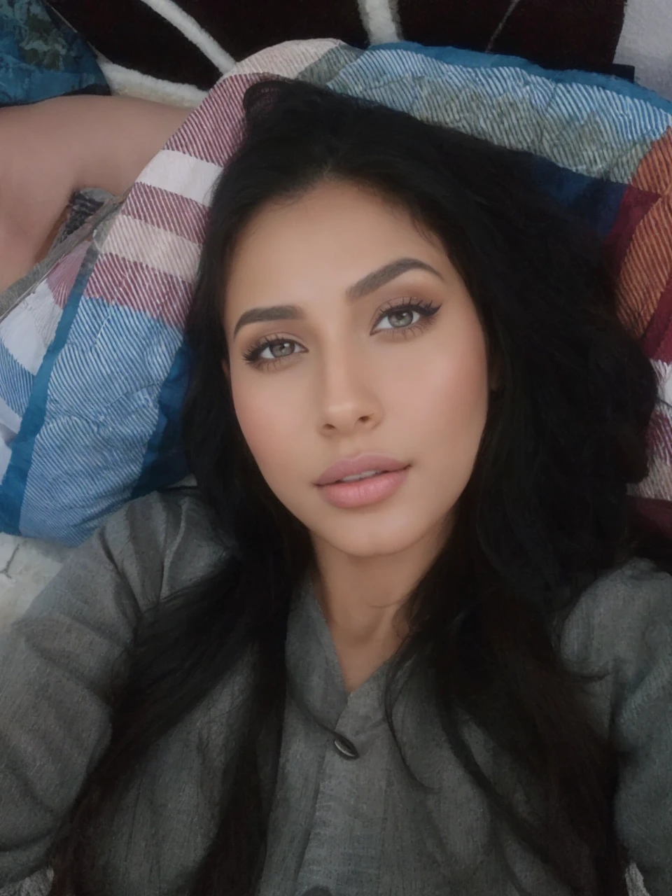 Create a high-quality 8k image of a beautiful Arabian woman as a goddess. Focus on a cinematic, professional style with ultra-high detail and realistic textures. Highlight her curvy body, including a big, heavy chest with deep cleavage and perky breasts. Showcase her smooth, white skin with a plump face, beautiful lips, and elegant makeup featuring deep eyeliner, light eyeshadow, and long mascara.
Dress her in a stylish, colorful outfit with a unique design. Choose a fitted, elegant top and a flowing skirt in a vibrant color with intricate patterns. The dress should be made of luxurious fabric with a blend of textures. Pose her standing, facing the camera with soft, flattering lighting that highlights her glowing chest and bright, captivating eyes. Ensure her wavy or curly hair is bright and well-styled, and the background is simple to keep the focus on her beauty.
