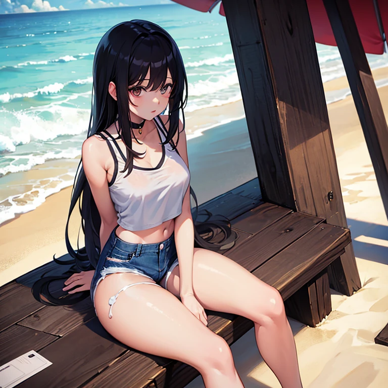 anime girl, white short crop top, c cup, ripped jean shorts, black long hair, sitting at beach