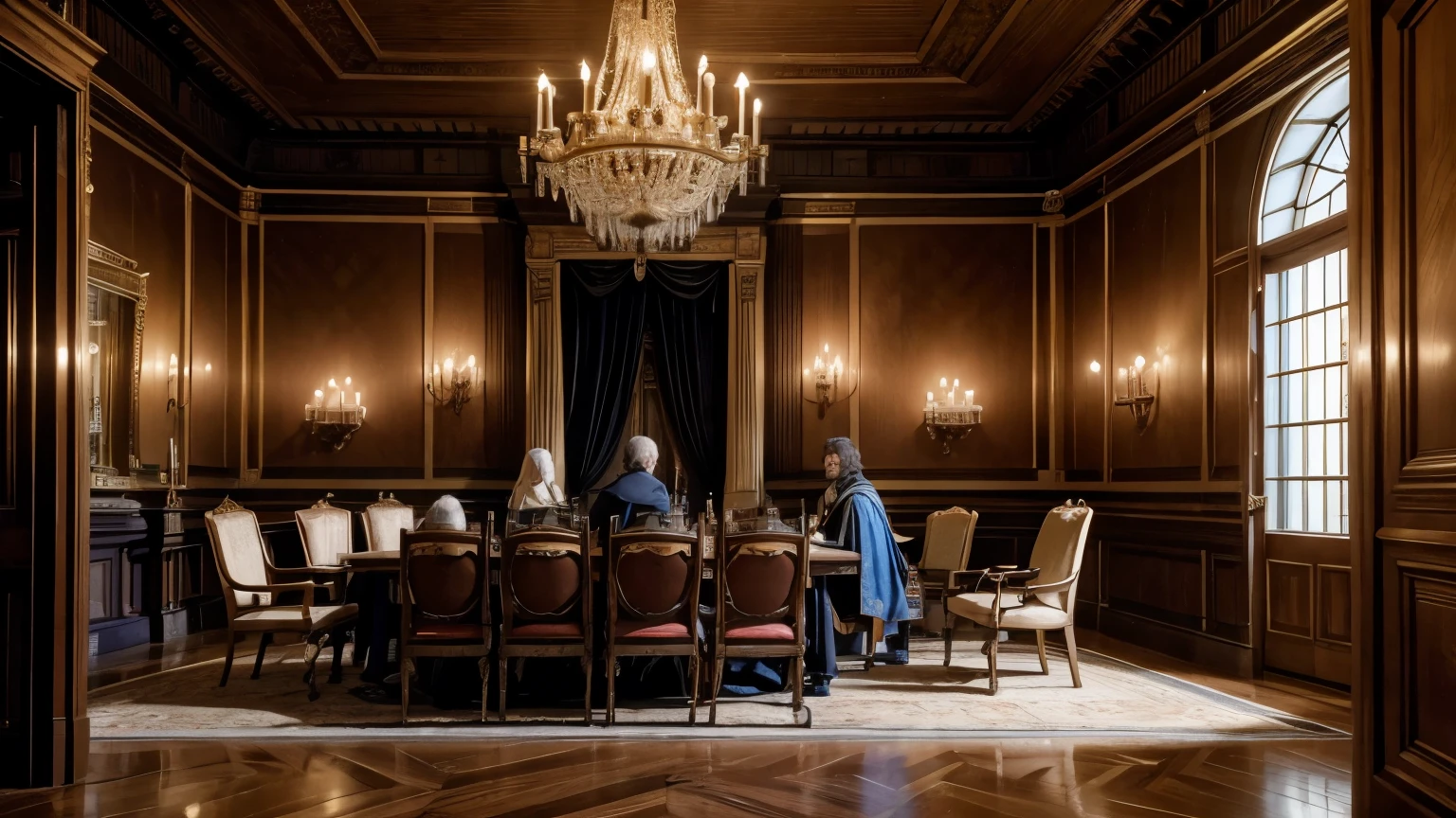 "King Philip IV of France in a meeting with his privy council, in a small windowless room, illuminated only by the light of several candles. Felipe IV, dressed in royal clothes and a crown, He is sitting on a carved wooden chair with velvet cushions. Around a sturdy wooden table, several advisors are meeting, dressed in medieval tunics and wool capes. The atmosphere is tense and serious, with counselors&#39; faces showing concentration and concern as they discuss important matters.