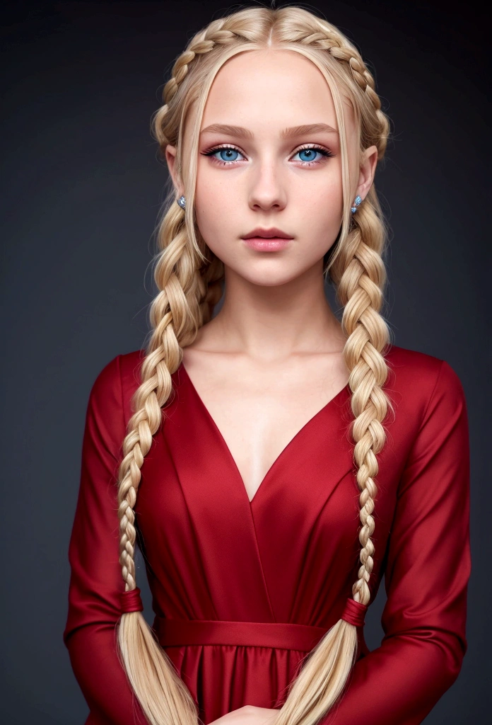 8k surreal, a pretty girl 15 years old with blonde hair with long braided hair and dark blue eyes ,Very detailed, beautiful face without makeup, Red dress 