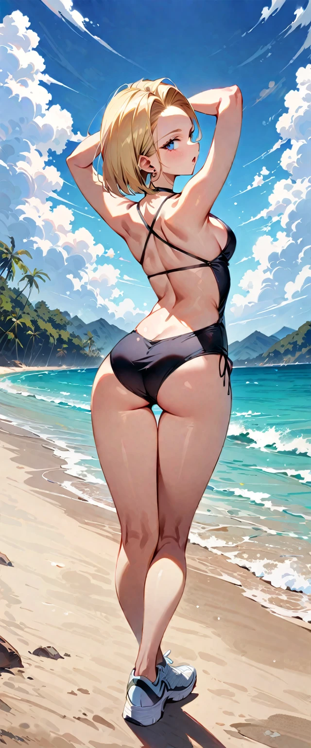 (masterpiece, best quality:1.2), full body, solo, Android 18 from Dragon Ball, ((black bikini, thigh gap)), short blonde hair loose, (blue eyes), earrings on earlobes, slender feminine figure, skinny body, light blush, cloudy sky, magnificent view, blur background, 4K, beautiful armpits, arms up behind, open mouth, beach, one heel raise, shot from behind, looking back, back view, from below, slim, side boob, Backless One-Piece Swimsuit, beautiful small butt, wide shot