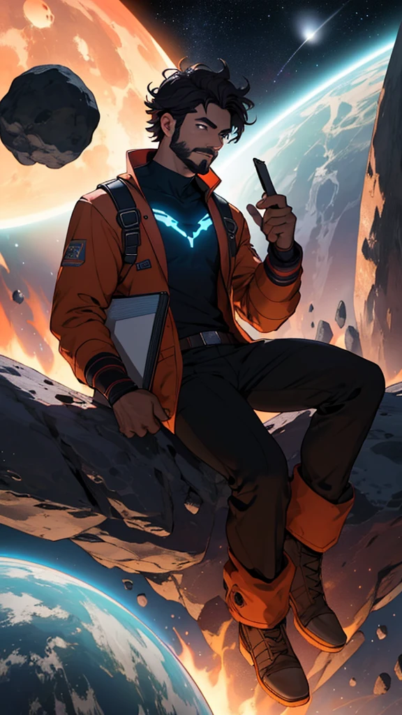 Draw a young programmer, sitting on a research platform floating in the middle of an asteroid belt. He is studying with a notebook, surrounded by several asteroids glowing with fiery auras. Dramatic lighting from distant stars and planets illuminates the scene, casting deep shadows on the suit. The young man looks confident and determined, looking at the vast and mysterious universe with wonder and respect,facial hair, cowboy shot,