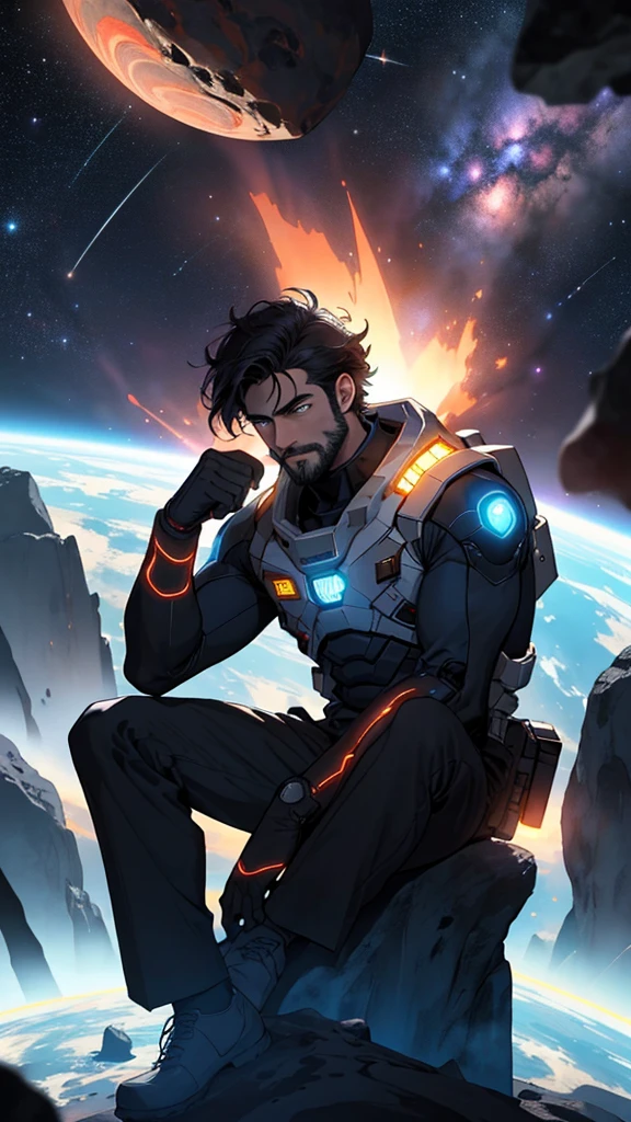 Draw a young programmer, sitting on a research platform floating in the middle of an asteroid belt. He is studying with a notebook, surrounded by several asteroids glowing with fiery auras. Dramatic lighting from distant stars and planets illuminates the scene, casting deep shadows on the suit. The young man looks confident and determined, looking at the vast and mysterious universe with wonder and respect,facial hair, cowboy shot,