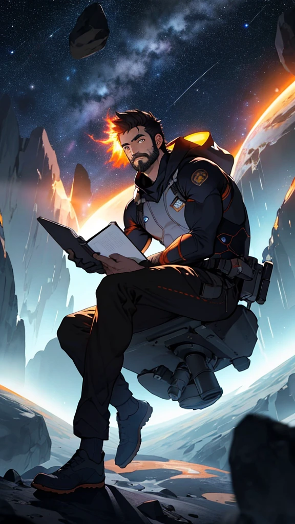 Draw a young programmer, sitting on a research platform floating in the middle of an asteroid belt. He is studying with a notebook, surrounded by several asteroids glowing with fiery auras. Dramatic lighting from distant stars and planets illuminates the scene, casting deep shadows on the suit. The young man looks confident and determined, looking at the vast and mysterious universe with wonder and respect,facial hair, cowboy shot,
