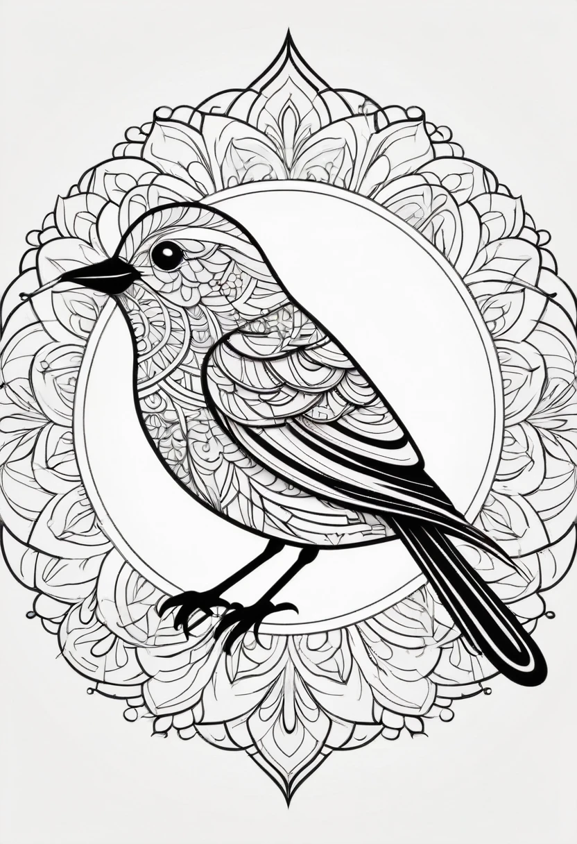 happy white and black bird, Simplified Mandala style, outline, vector, white background