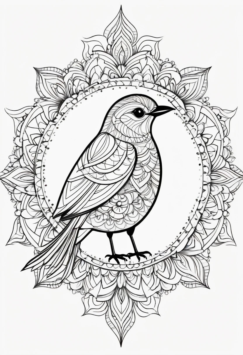 happy white and black bird, Simplified Mandala style, outline, vector, white background