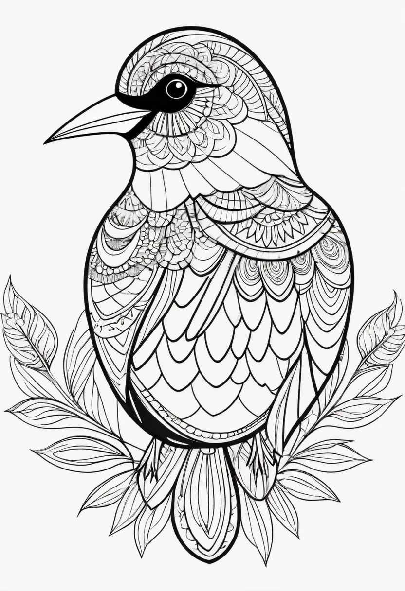 happy white and black bird, Simplified Mandala style, outline, vector, white background