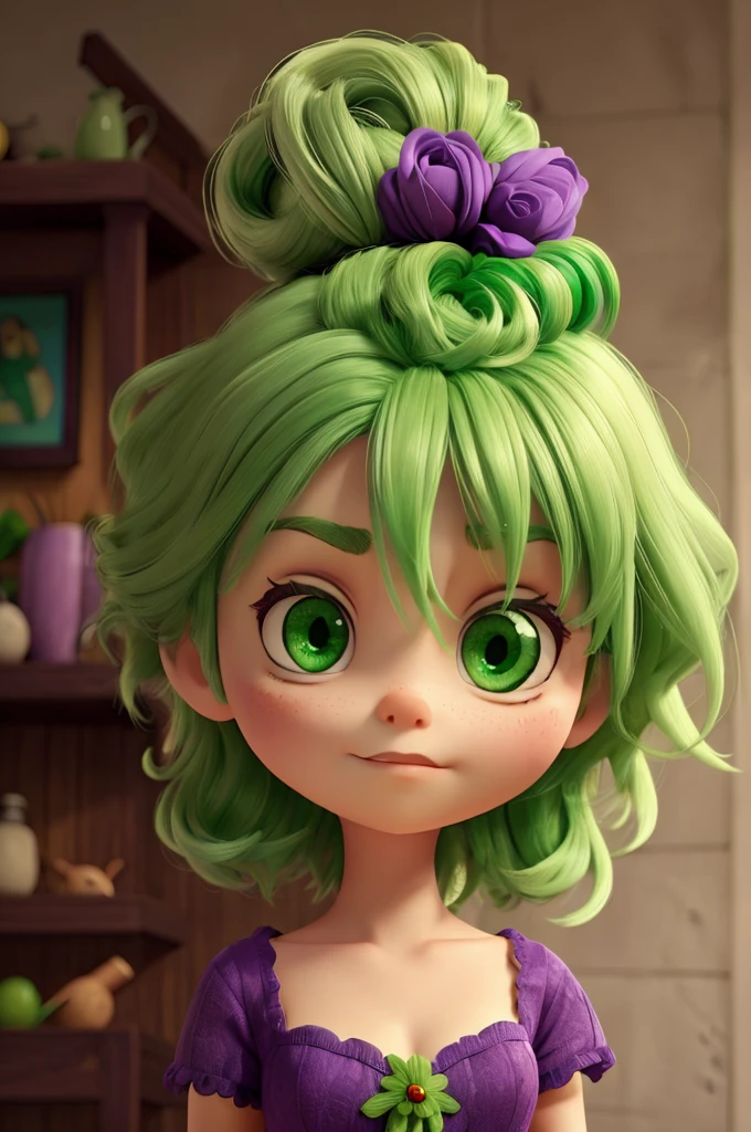 green with medium green hair  , big eyes and disdainful expressions, wearing a purple dress.