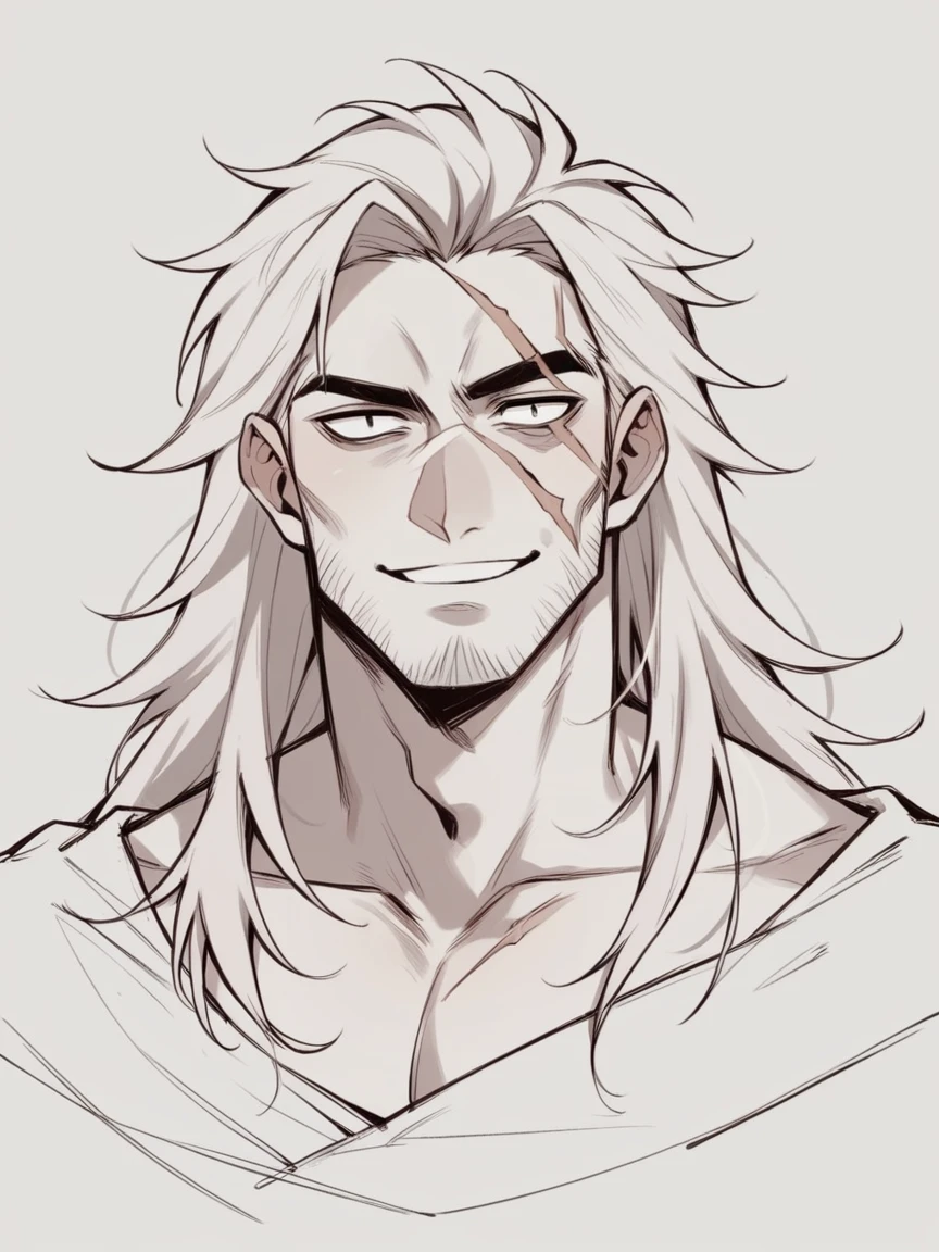 score_9, score_8_up, score_7_up, score_6_up, score_5_up, score_4_up,  c0l0ursk3tch, sketch, 1boy, smiling, white skin, long hair,  hair, big scar on letf eye, blank blind left eye