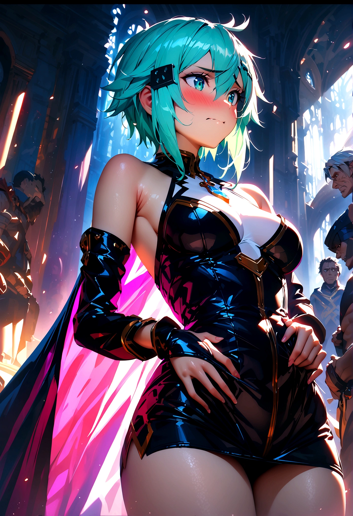 NSFW,masterpiece,Highest quality,High resolution,Super detailed,Sinon\(Sword Art Online\),Bare shoulders,Removable sleeves,Hand guard,leotard,Cape,mini skirt,gem, hair ornaments, Hair Clip,Embarrassed,expectant face,(Lust),(Estrus),blush,Fantasy,Adventurer's Guild,reception,indoor,(Tough-faced man),(The man next to her puts his hands on her waist and pulls her closer.)