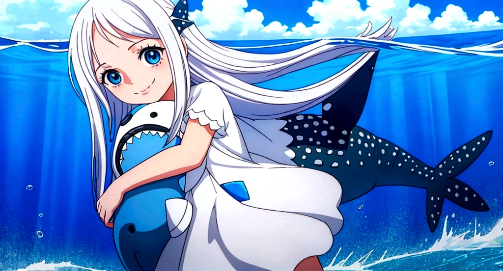 girl (), platinum white long hair, blue eyes, holding a whale shark plush, wearing cute dress, smiling in a sunny day