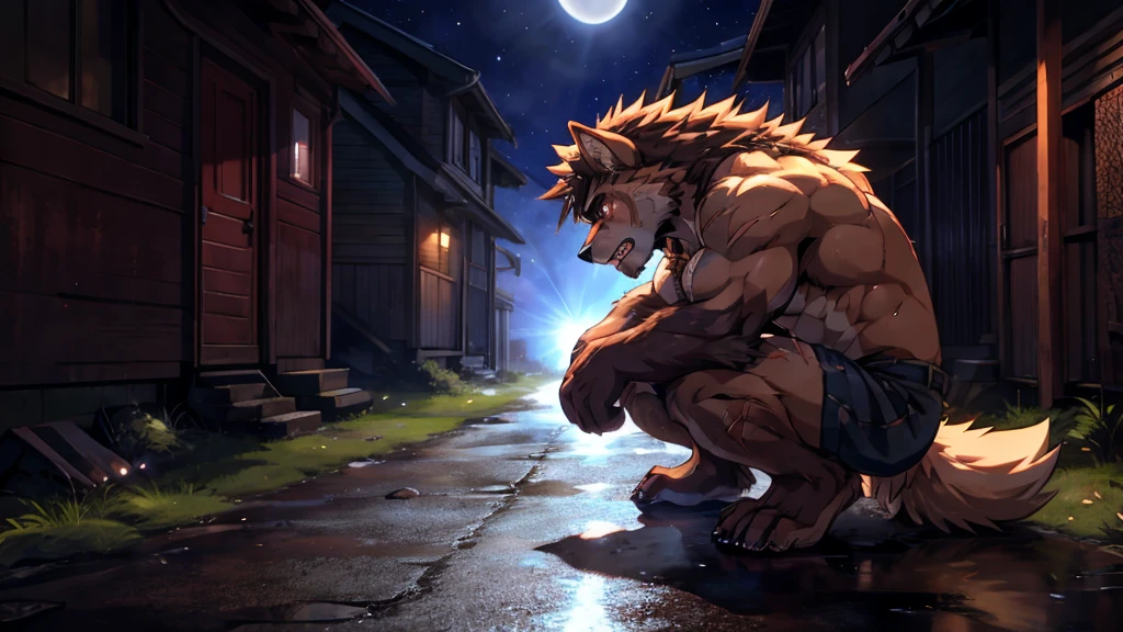 A hairy werewolf abandoned on the side of the road at night, muscular, athletic, sentimental, delicate features, bright colors, anime style, realistic, 8k, super detailed, representative, with scars and features. Bright eyes and teeth, tall and handsome, beautiful hair, special color. Tearful, unwilling, ragged, unhappy; Frustrated, crouched on the ground, weeping,sit on the ground, hold your legs. crying, Anime Style,The light is not bright, dirty